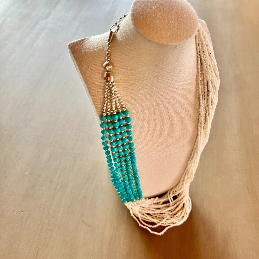 Vintage Multi-Strand Tassel Necklace White Beads with Turquoise & Silver
